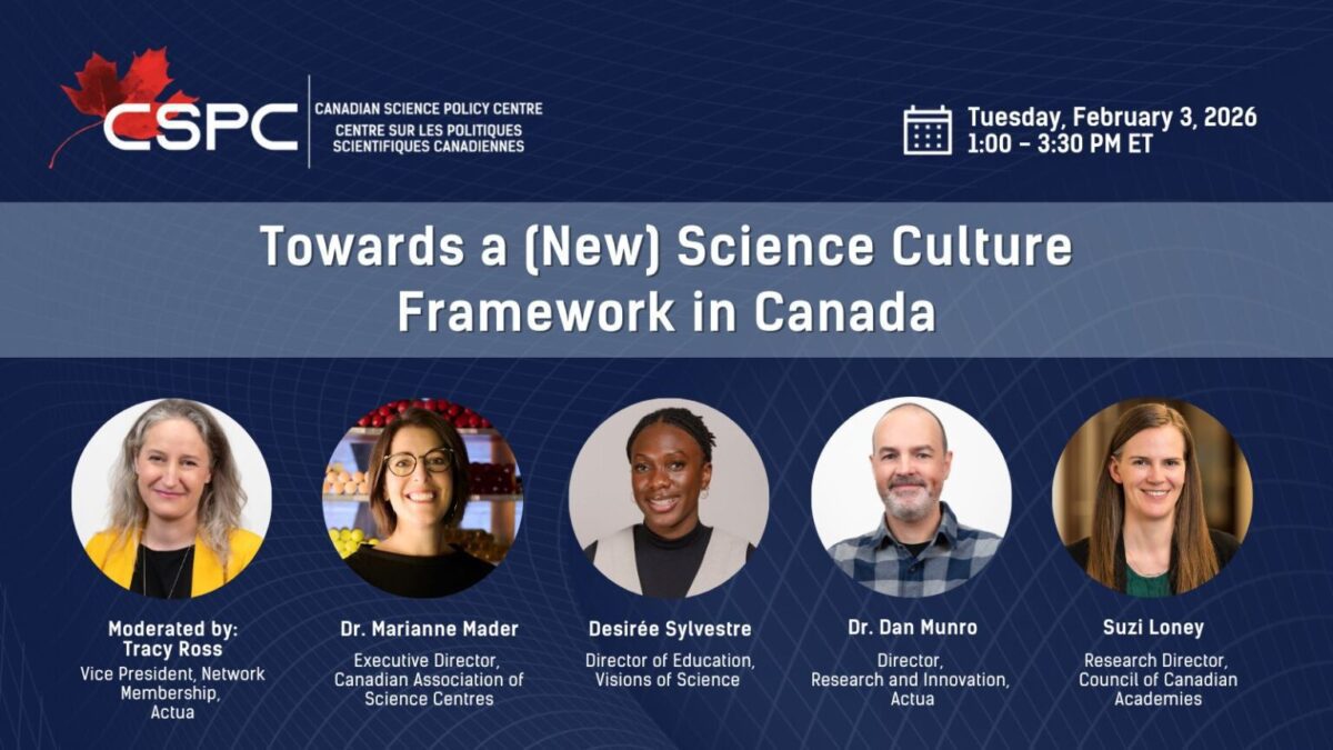 Towards a (new) science culture framework in Canada. Images of 5 people speaking at the event.